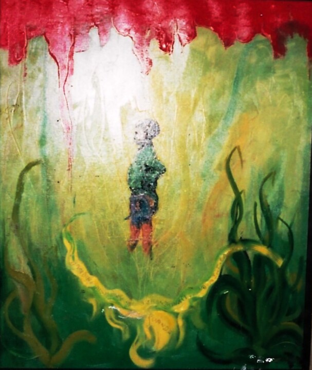 Schilderij getiteld "Gnomo nel bosco" door Mario Fanconi, Origineel Kunstwerk, Olie