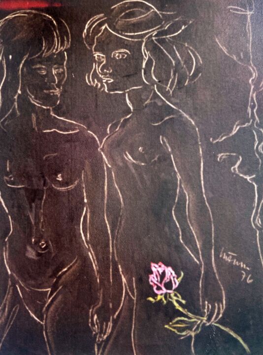 Pittura intitolato "Nudo con rosa" da Mario Fanconi, Opera d'arte originale, Carbone