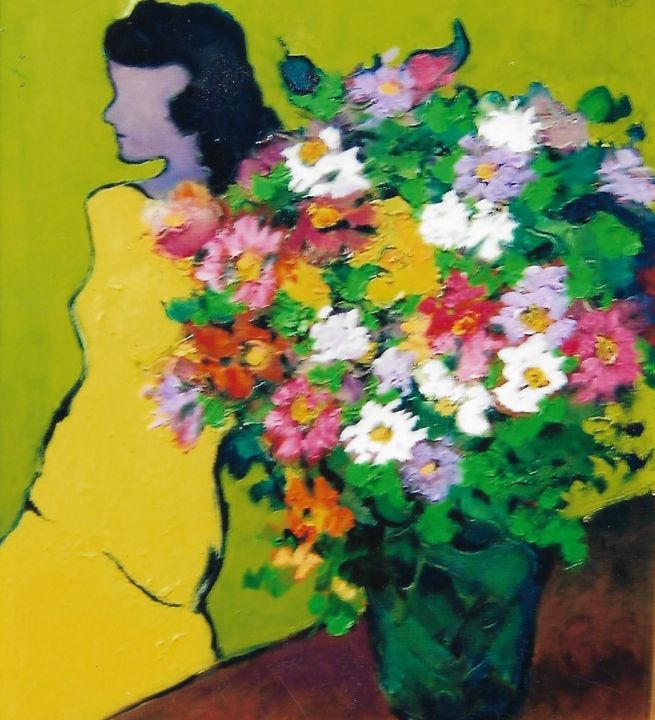 Pittura intitolato "donna vestita in gi…" da Mario Fanconi, Opera d'arte originale, Olio