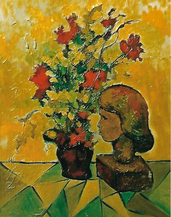 Pittura intitolato "vaso di fiori con v…" da Mario Fanconi, Opera d'arte originale, Olio