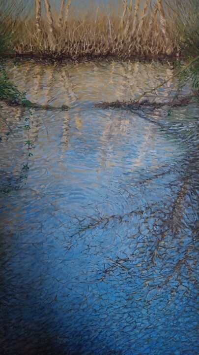 Painting titled "Riflessi d'azzurro" by Mario Felice Lattuada, Original Artwork, Oil Mounted on Wood Stretcher frame