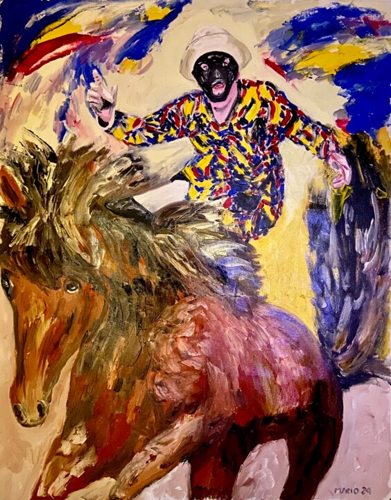 Painting titled "Arlecchino a cavallo" by Mario Pratesi, Original Artwork, Oil