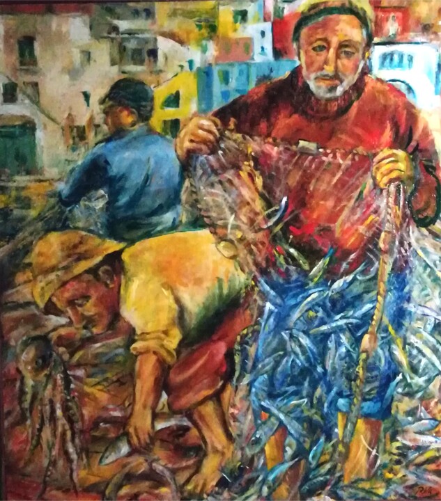 Peinture intitulée "Pescatori a Procida" par Mario Riva, Œuvre d'art originale, Huile Monté sur Panneau de bois
