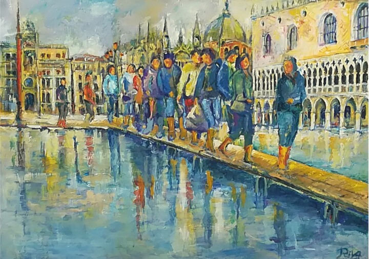 Peinture intitulée "Acqua alta in Piazz…" par Mario Riva, Œuvre d'art originale, Huile