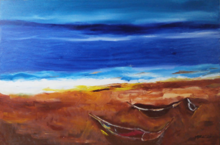Schilderij getiteld "Praia com três barc…" door Mário Brazil, Origineel Kunstwerk, Olie
