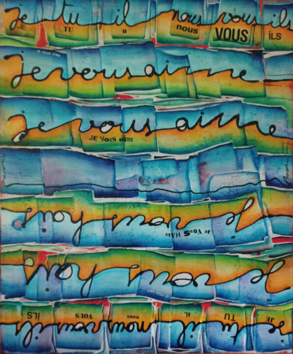 Painting titled ""Je vous aime je vo…" by Marion Berger, Original Artwork, Acrylic Mounted on Wood Stretcher frame