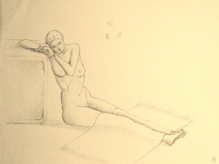 Dessin intitulée "Nu assis très grand…" par Marion Carralero, Œuvre d'art originale, Crayon