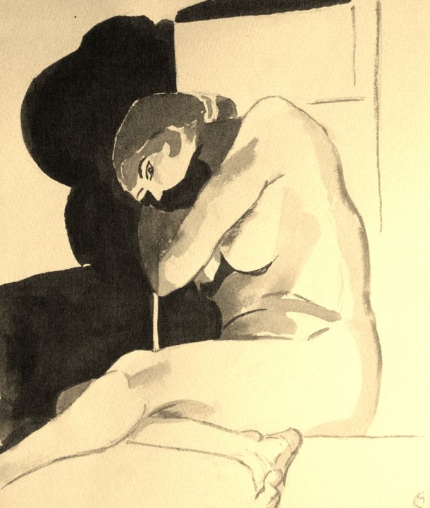 Drawing titled "femme nue assise/om…" by Marion Carralero, Original Artwork, Ink