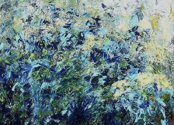 Pintura intitulada "blauw landschap" por Marion Baars, Obras de arte originais