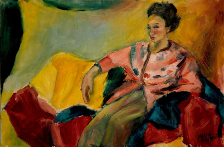 Pittura intitolato "Woman sitting on th…" da Michelangelo Verso, Opera d'arte originale, Olio