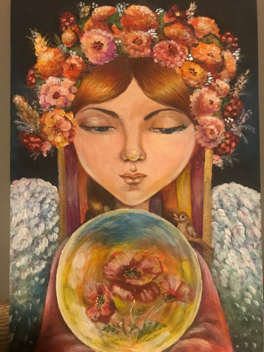 Painting titled "Angel of peace" by Oksana Sushko, Original Artwork, Acrylic Mounted on Cardboard