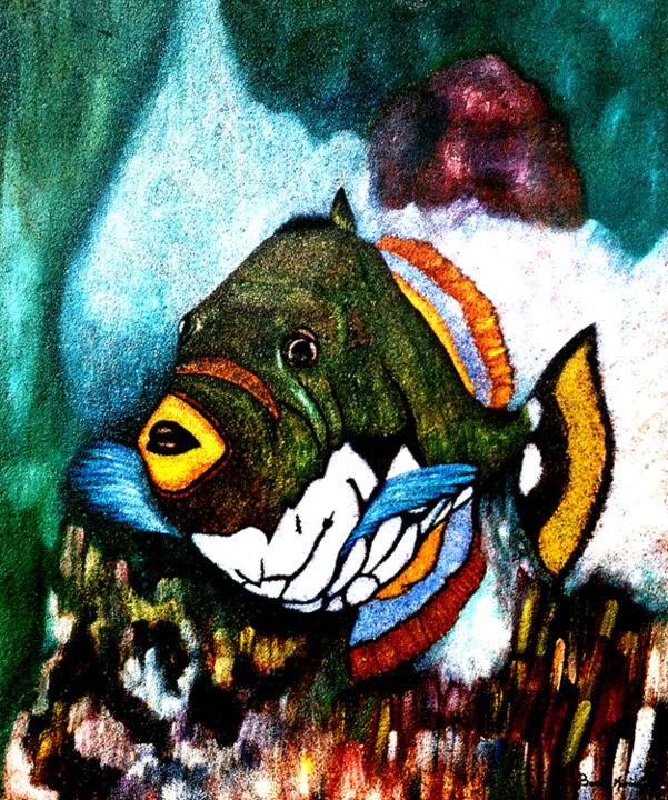 Painting titled "Pesce" by Marisa Basile, Original Artwork, Oil