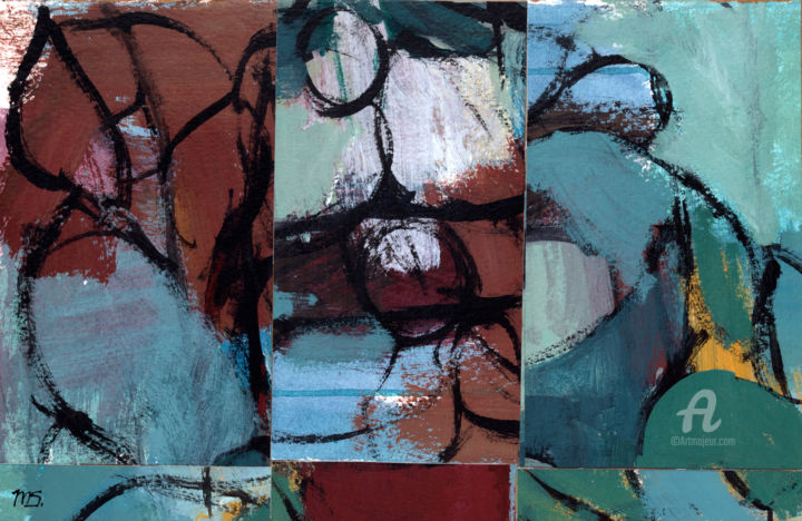 Collages intitolato "Azules y Rojos 2" da Marisu Solís, Opera d'arte originale
