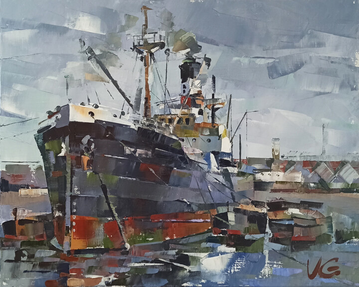 Картина под названием "Steam Ship RIJN cus…" - Volodymyr Glukhomanyuk, Подлинное произведение искусства, Масло