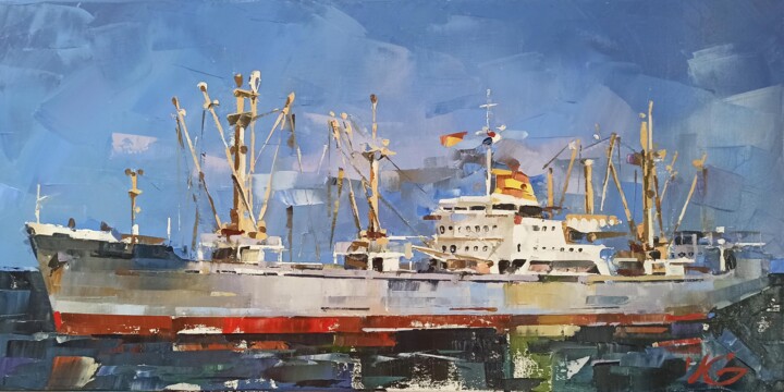 Картина под названием "Cargo Ship BENYA RI…" - Volodymyr Glukhomanyuk, Подлинное произведение искусства, Масло