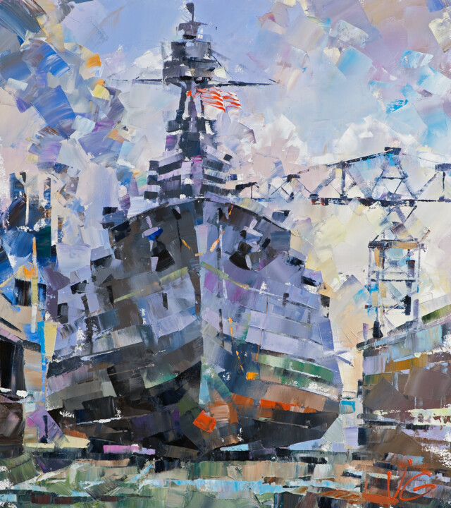 Schilderij getiteld "USS TEXAS (BB-35) i…" door Volodymyr Glukhomanyuk, Origineel Kunstwerk, Olie Gemonteerd op Karton
