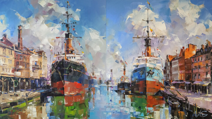 Painting titled "BETWEEN TWO SHORES…" by Volodymyr Glukhomanyuk, Original Artwork, Oil Mounted on Wood Stretcher frame