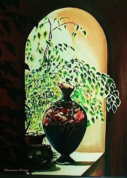 Painting titled "Vase on Window" by Marium Khan, Original Artwork