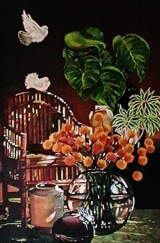 Painting titled "Pigeons,plants,pots" by Marium Khan, Original Artwork