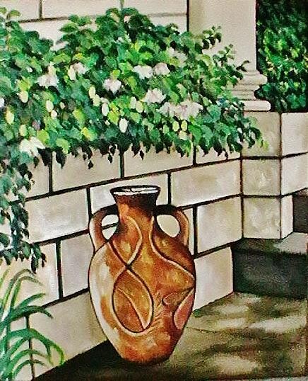 Painting titled "Pot near garden wall" by Marium Khan, Original Artwork