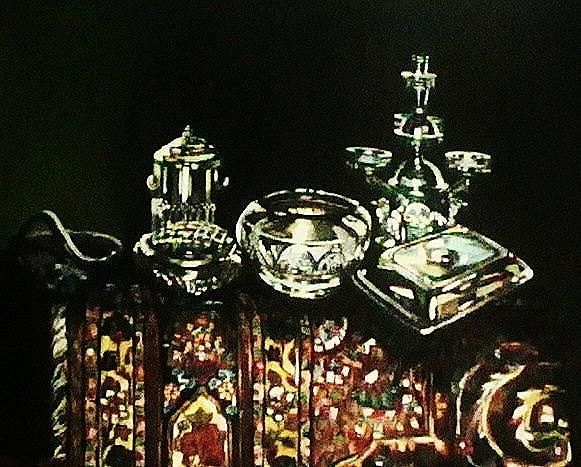 Painting titled "Silver ware on Carp…" by Marium Khan, Original Art,