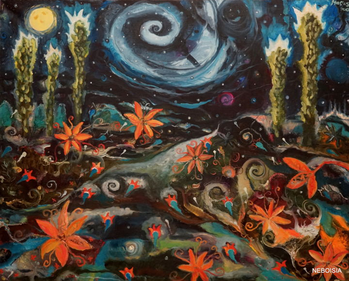 Malerei mit dem Titel "Night flowers" von Marius Abramavicius, Original-Kunstwerk, Öl