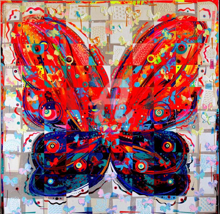 Painting titled "ATOMIC BUTTERFLY" by Marius  Zabinski  Officiel, Original Artwork, Acrylic Mounted on Wood Stretcher frame