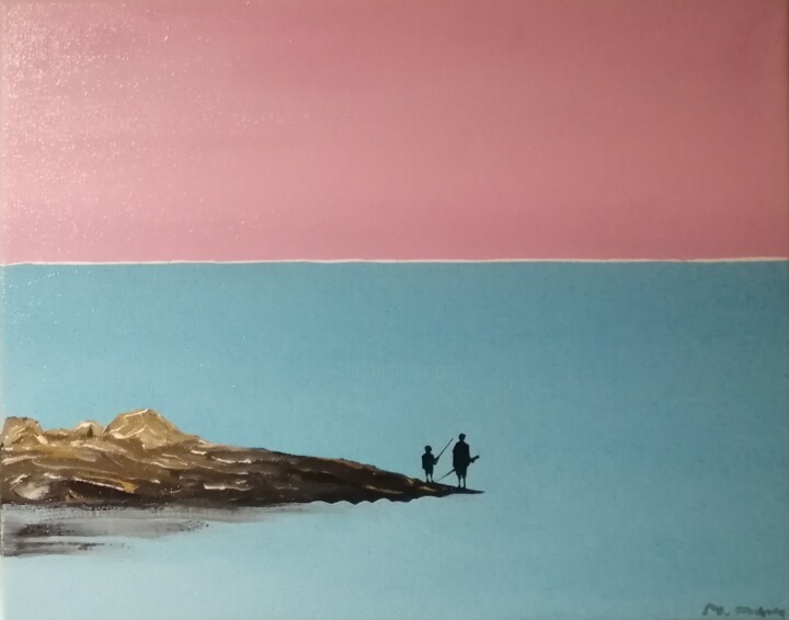Painting titled "fishing at sunset" by Mariusz Makula, Original Artwork, Oil
