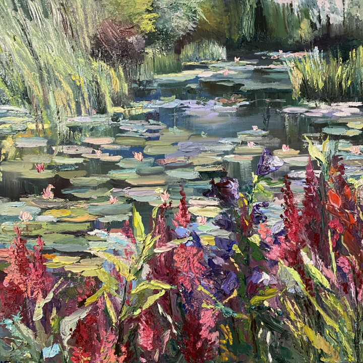 Painting titled "Monet garden (Water…" by Mariya Bogdanova, Original Artwork, Oil Mounted on Wood Stretcher frame