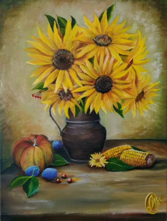 Painting titled "Sunflowers" by Mariia Chindina, Original Artwork, Oil