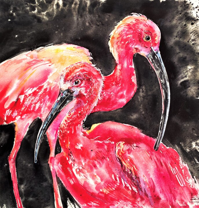 Peinture intitulée "Scarlet ibis" par Mariya Volynskih, Œuvre d'art originale, Aquarelle