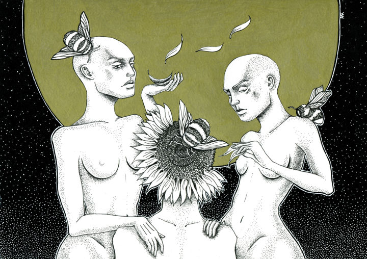 「Girls and sunflower」というタイトルの描画 Mariya Markinaによって, オリジナルのアートワーク, ジェルペン