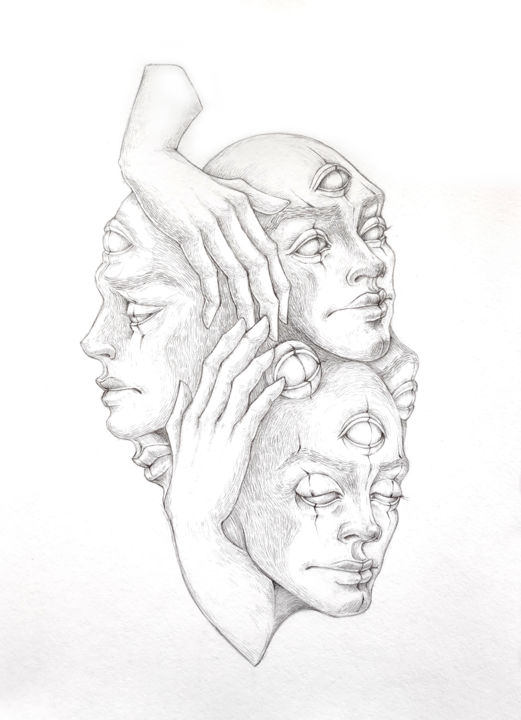 Drawing titled "Three faces and han…" by Mariya Markina, Original Artwork, Graphite