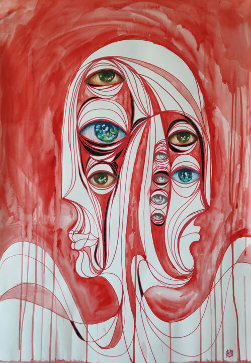 Картина под названием "In the red captivity" - Mariya Markina, Подлинное произведение искусства, Акварель