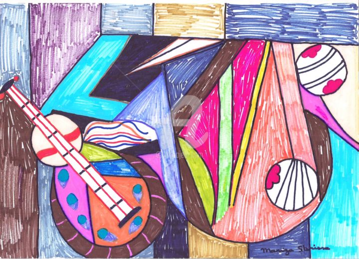 Zeichnungen mit dem Titel "Violão X" von Mariza Sbrissa, Original-Kunstwerk, Gel Stift
