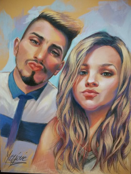 Drawing titled "jeune couple selfie" by Marjorie Artiste Pastelliste, Original Artwork, Pastel