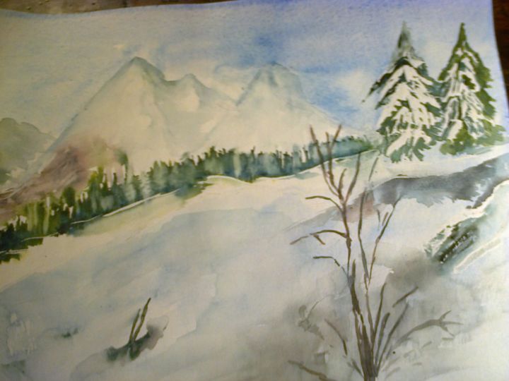 Peinture intitulée "montagne-et-neige.j…" par Marjyne, Œuvre d'art originale, Aquarelle