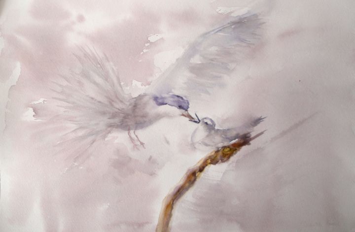 Peinture intitulée "la-becquee-des-moin…" par Marjyne, Œuvre d'art originale, Aquarelle