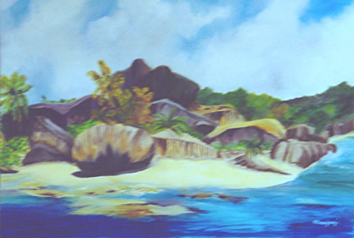 Painting titled "sechelles-rochers.j…" by Marjyne, Original Artwork, Oil