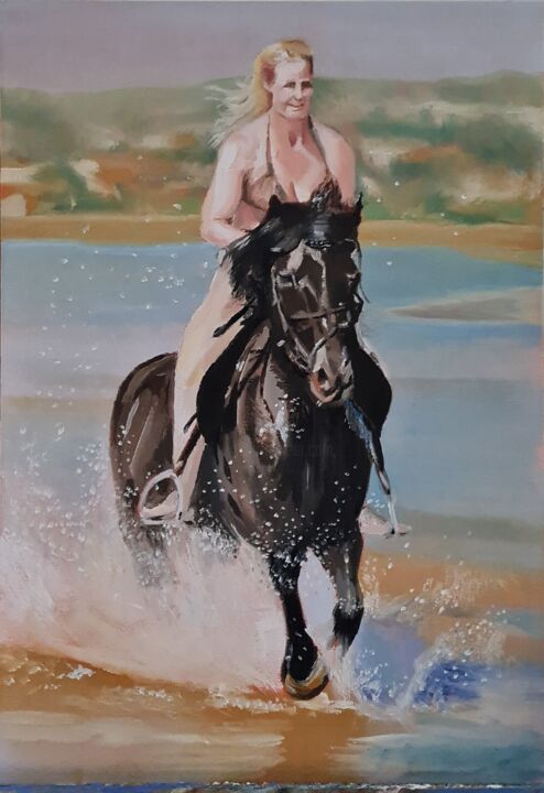 Painting titled "Paddling on the bea…" by Mark Carnall, Original Artwork, Oil