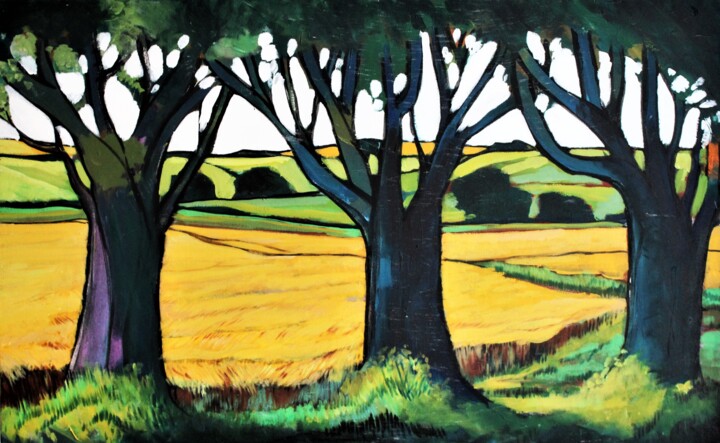 Painting titled "Three Tree" by Mark Harris, Original Artwork, Acrylic Mounted on Wood Stretcher frame