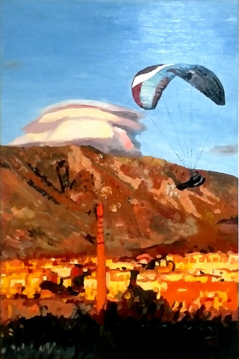 Painting titled ""Paragliding over M…" by Mark Herzog, Original Artwork, Oil Mounted on Wood Stretcher frame