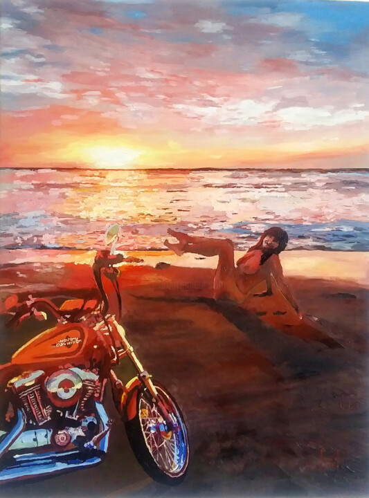 Painting titled ""Goldy At The Atlan…" by Mark Herzog, Original Artwork, Oil Mounted on Wood Stretcher frame