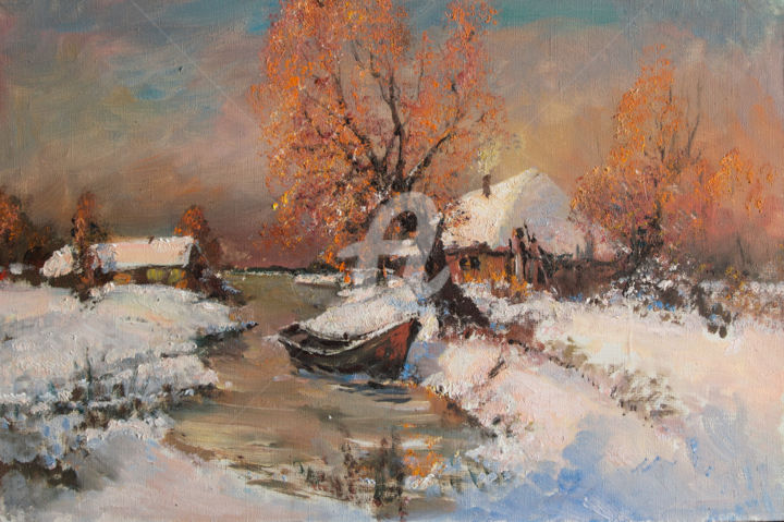 Painting titled "Winter, stream" by Mark Kremer, Original Artwork, Oil