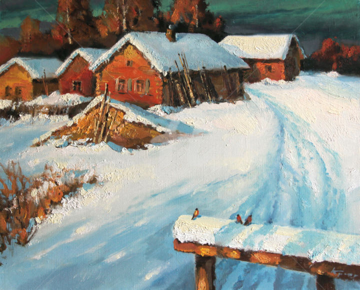 Malerei mit dem Titel "Winter in village.…" von Mark Kremer, Original-Kunstwerk, Öl