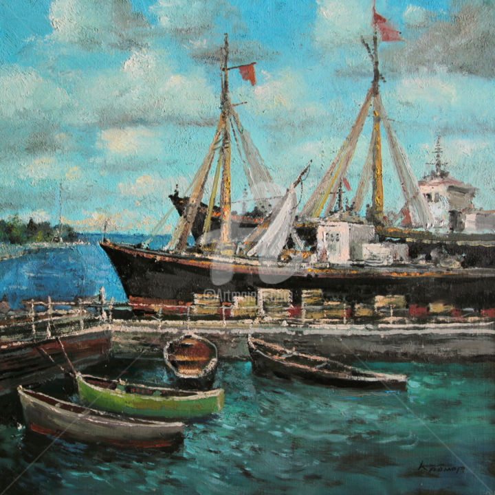 「Seiner boat in wharf」というタイトルの絵画 Mark Kremerによって, オリジナルのアートワーク, オイル