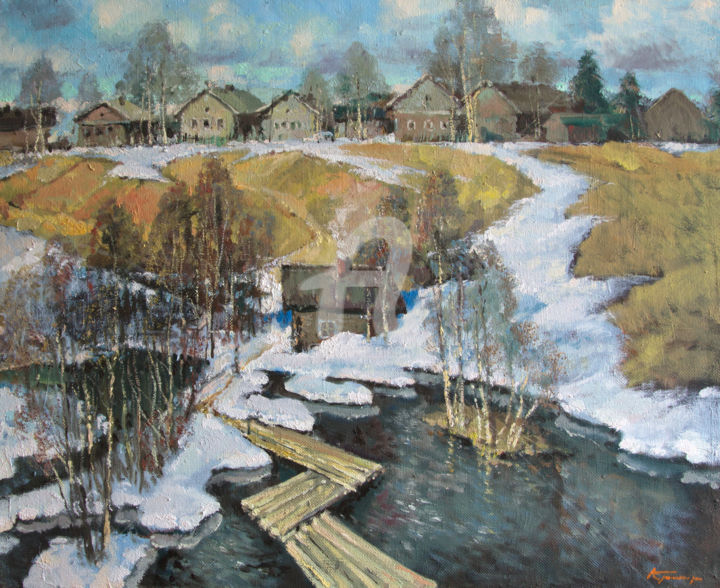 Painting titled "Spring flood" by Mark Kremer, Original Artwork, Oil
