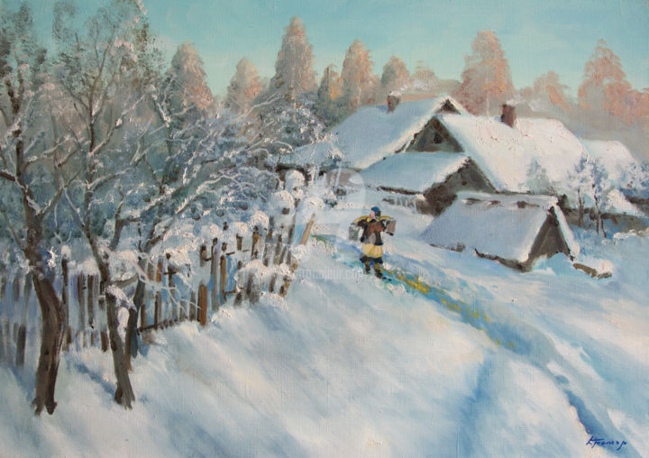 Malerei mit dem Titel "Winter morning in v…" von Mark Kremer, Original-Kunstwerk, Öl