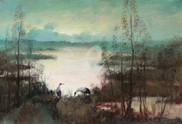 Painting titled "Cranes on the pond,…" by Mark Kremer, Original Artwork, Oil