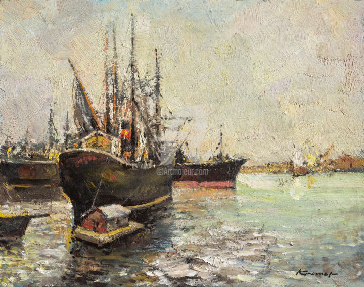 Painting titled "At the pier. Ship" by Mark Kremer, Original Artwork, Oil